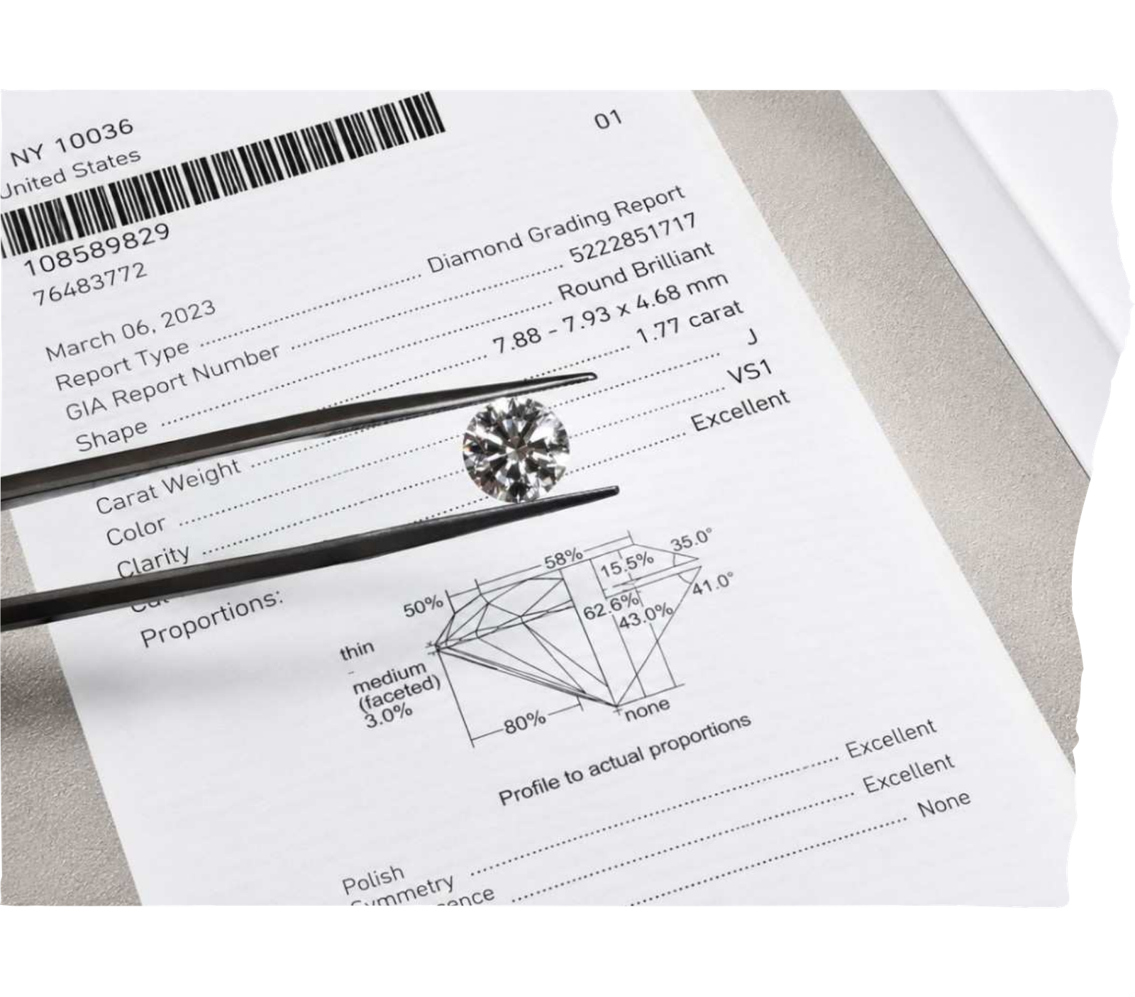 Stage 7 certification and guarantee showing a diamond grading report for an authenticated memorial diamond.