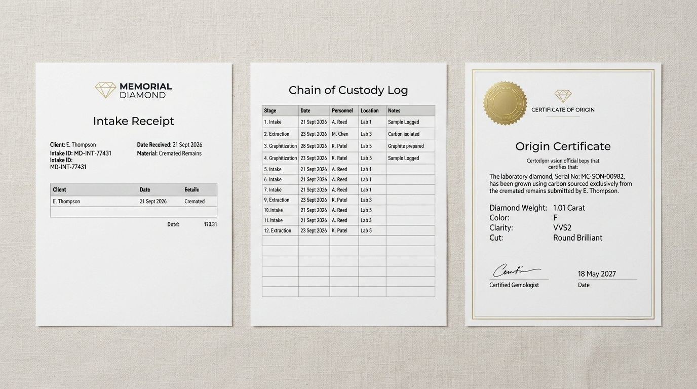 Intake receipt, chain-of-custody log and origin certificate laid out side by side