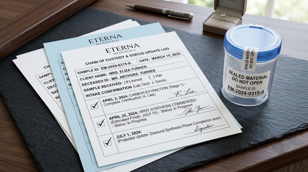 Chain-of-custody paperwork and dated status updates laid out beside a sealed material container