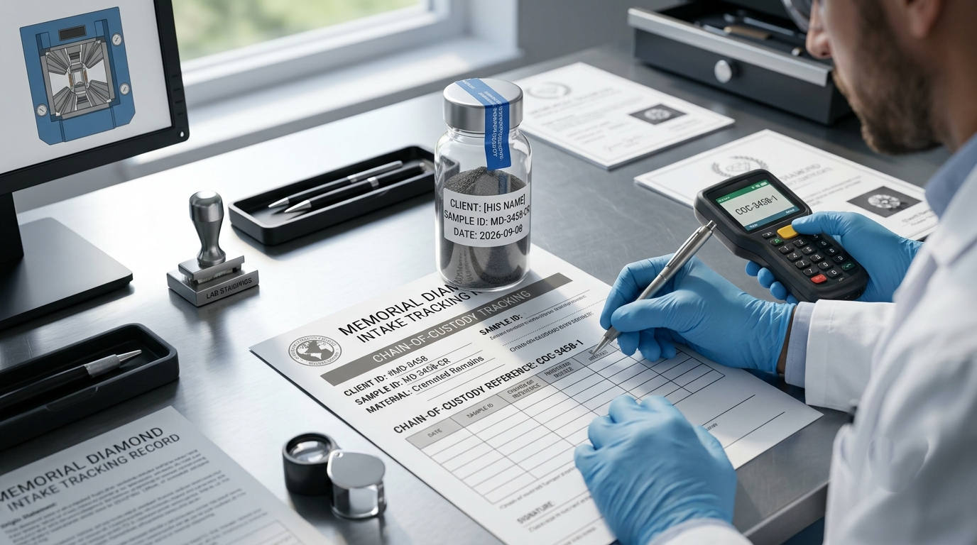 sealed and labeled container of cremated remains logged against a chain-of-custody tracking reference at intake
