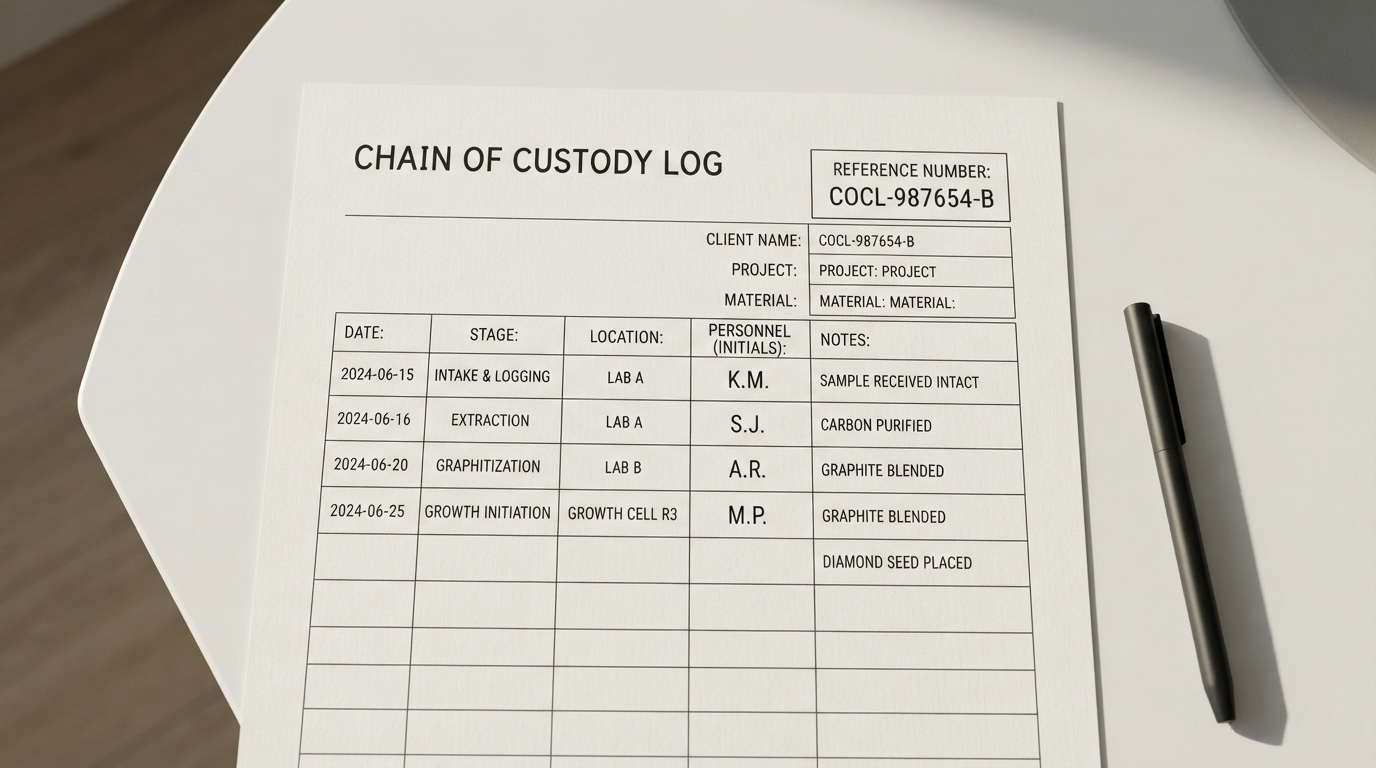 A printed chain-of-custody log with a reference number, dated stage entries, and initials down the page