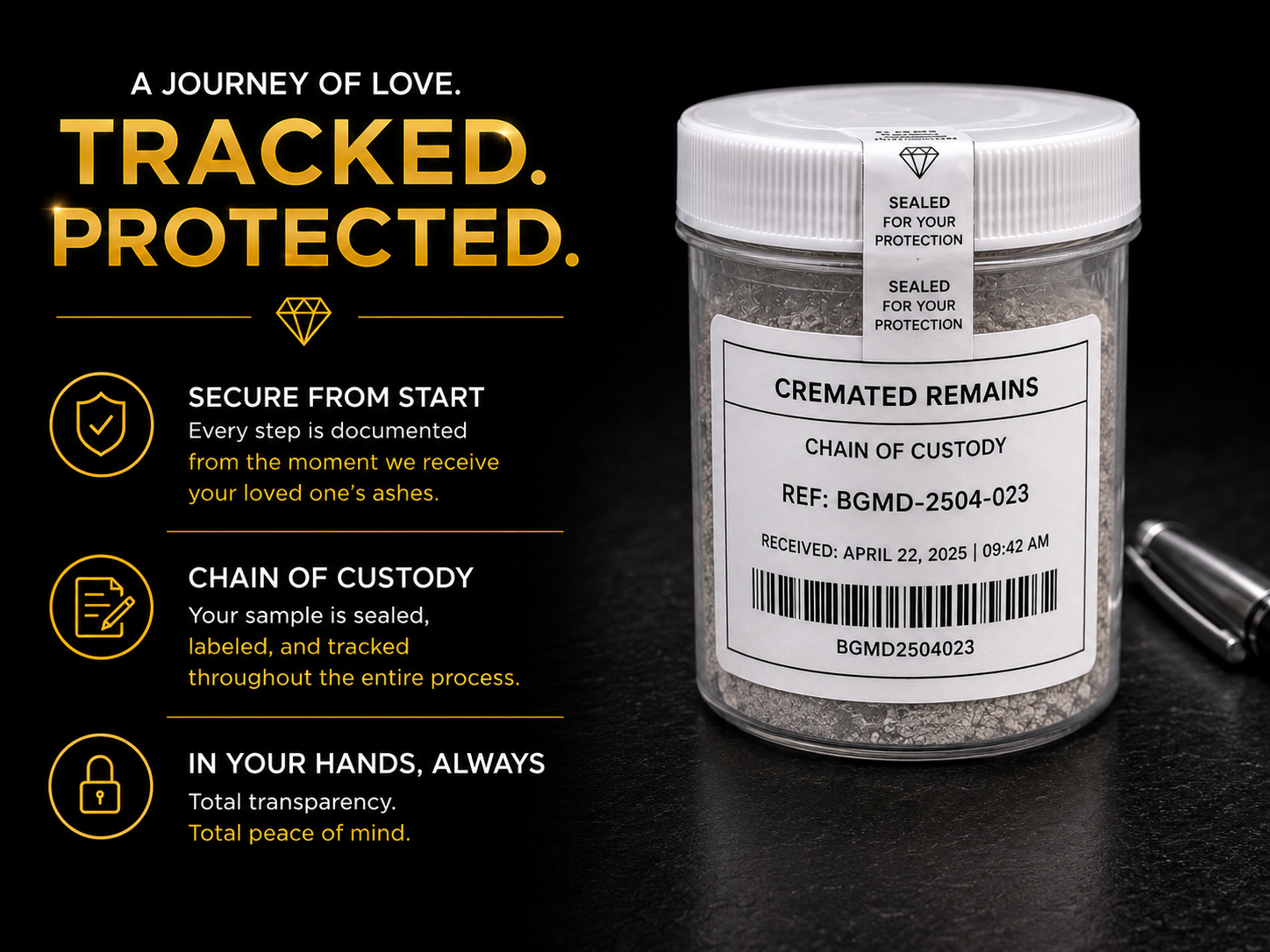 Sealed and labeled container of cremated remains logged with a chain-of-custody tracking reference at intake 