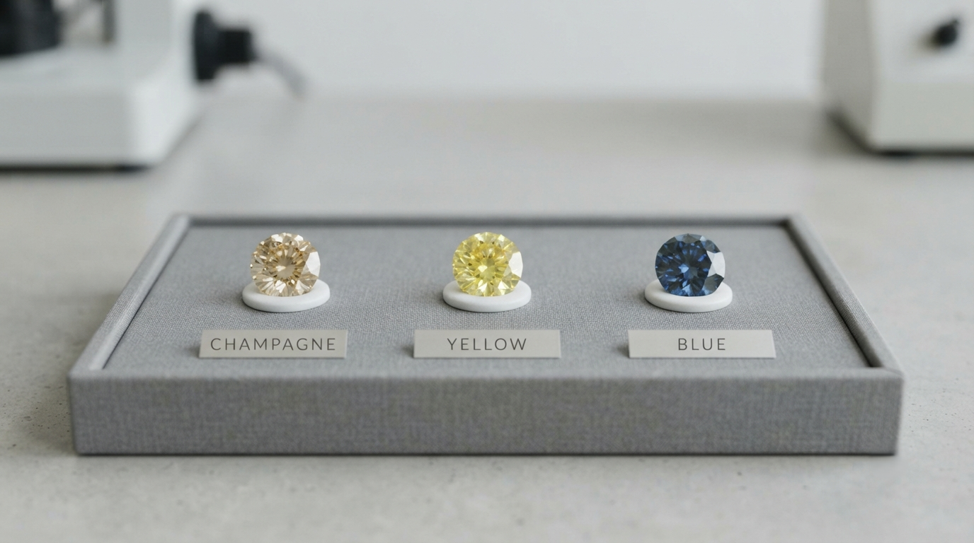 Three loose memorial diamonds in champagne, yellow, and blue on a gray tray