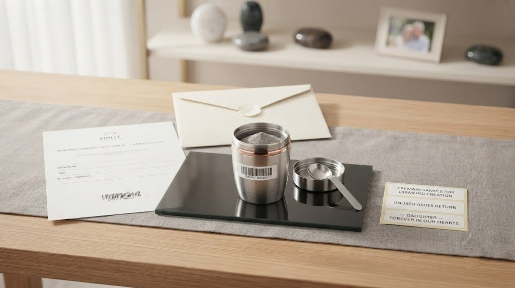 An open collection kit with a sealable container, scoop, custody forms and printed labels
