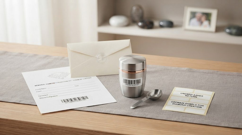 A collection kit with a sealed container, scoop, labels and chain-of-custody paperwork laid out on a table