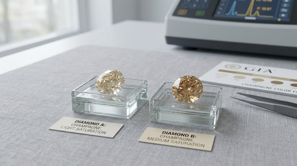 Two champagne memorial diamonds of slightly different saturation photographed side by side under neutral light Second priority for original photography