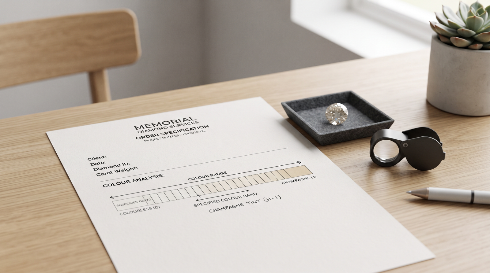 An order specification on a desk with a colour range noted beside a loose memorial diamond and a loupe