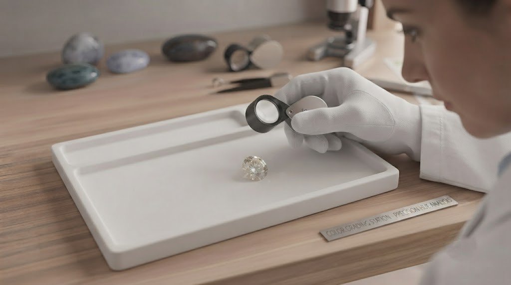 A gemologist examining a loose diamond's color with a loupe against a white grading tray