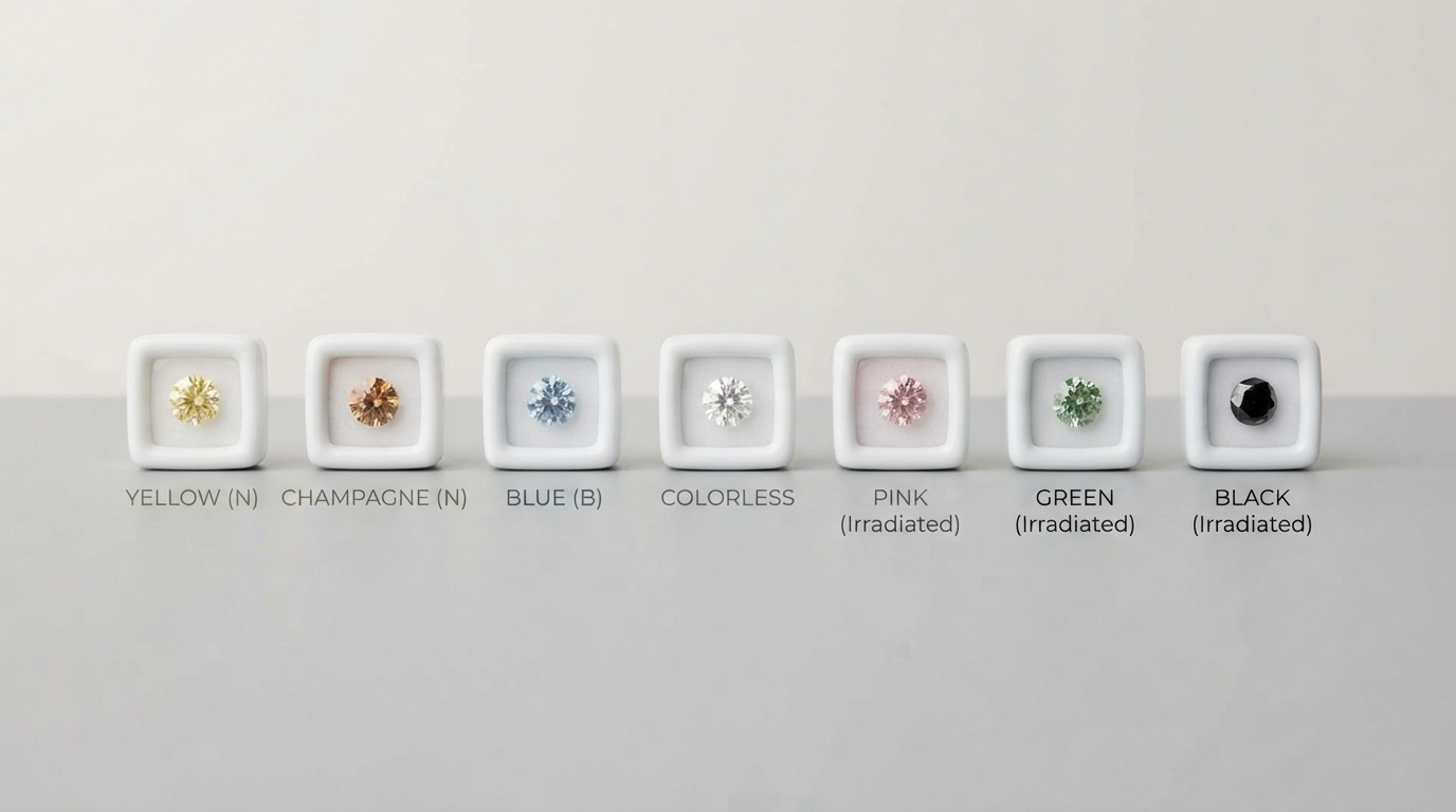 Seven small diamonds in a row — yellow, champagne, blue, colorless, pink, green, black — beside their labels