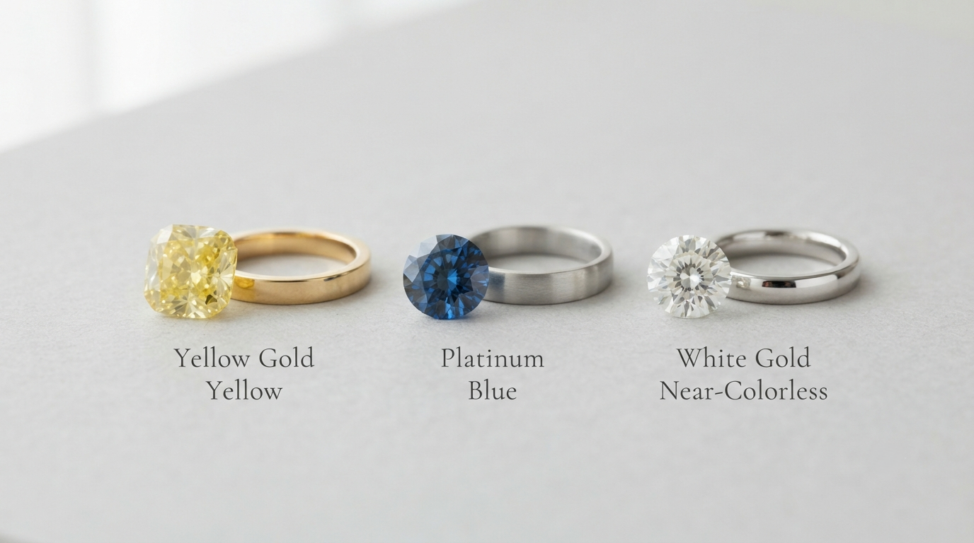 Yellow, blue, and near-colorless memorial diamonds laid against yellow gold, white gold, and platinum band samples