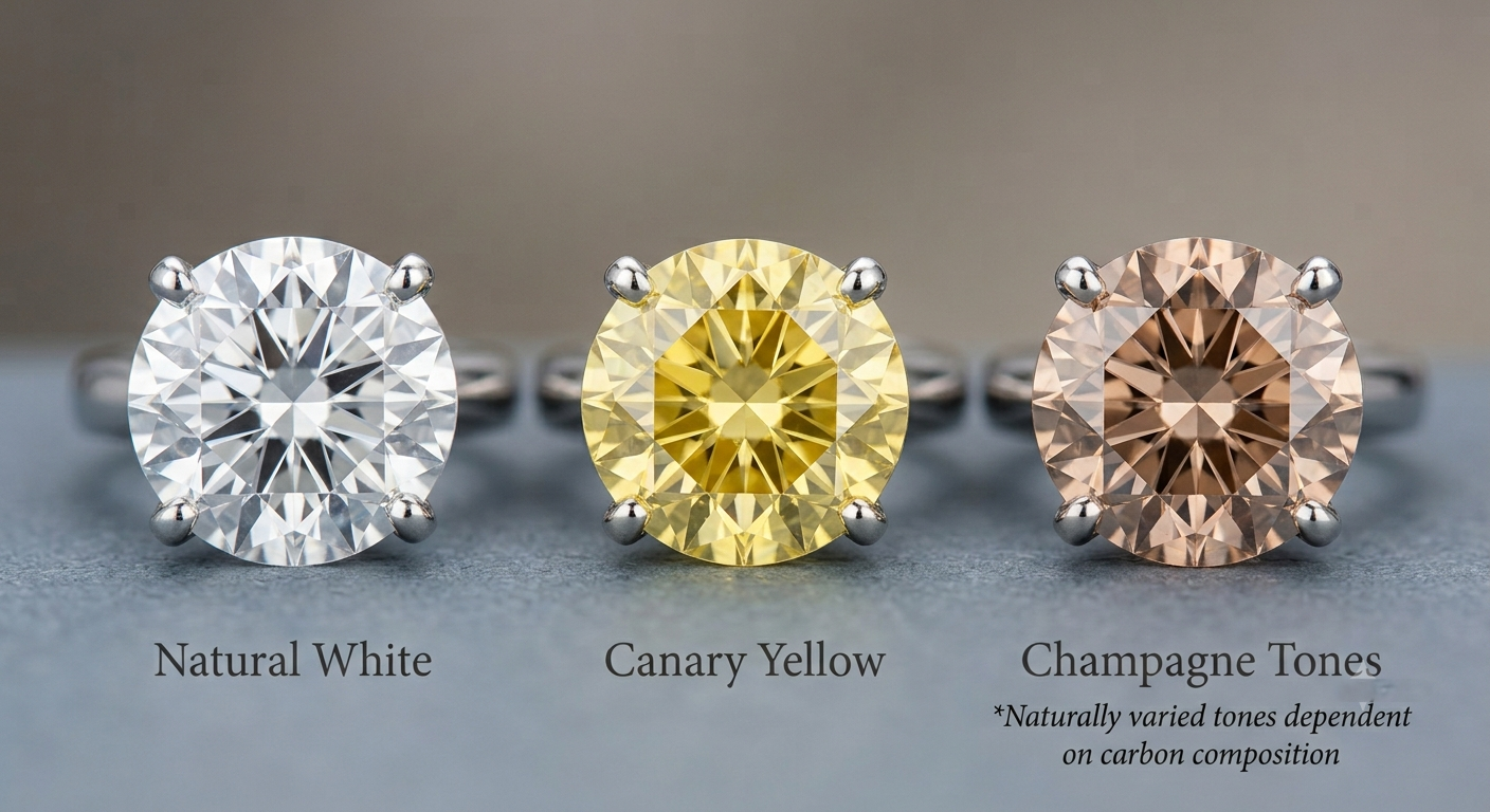 Side-by-side comparison of memorial diamonds in white, yellow, and champagne tones
