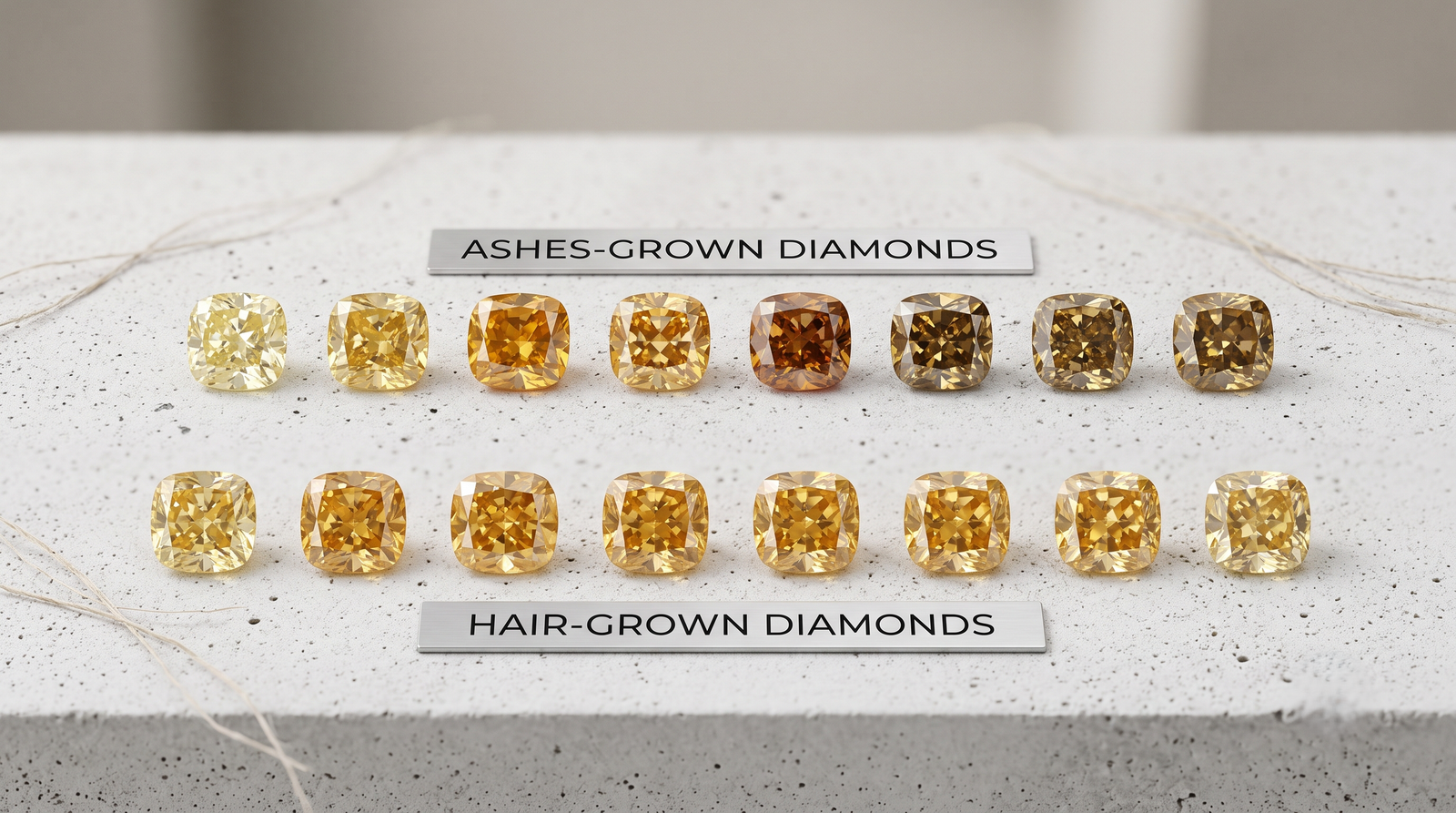 Two rows of memorial diamonds, the hair-grown row showing a tighter spread of yellow tones than the ash-grown row 