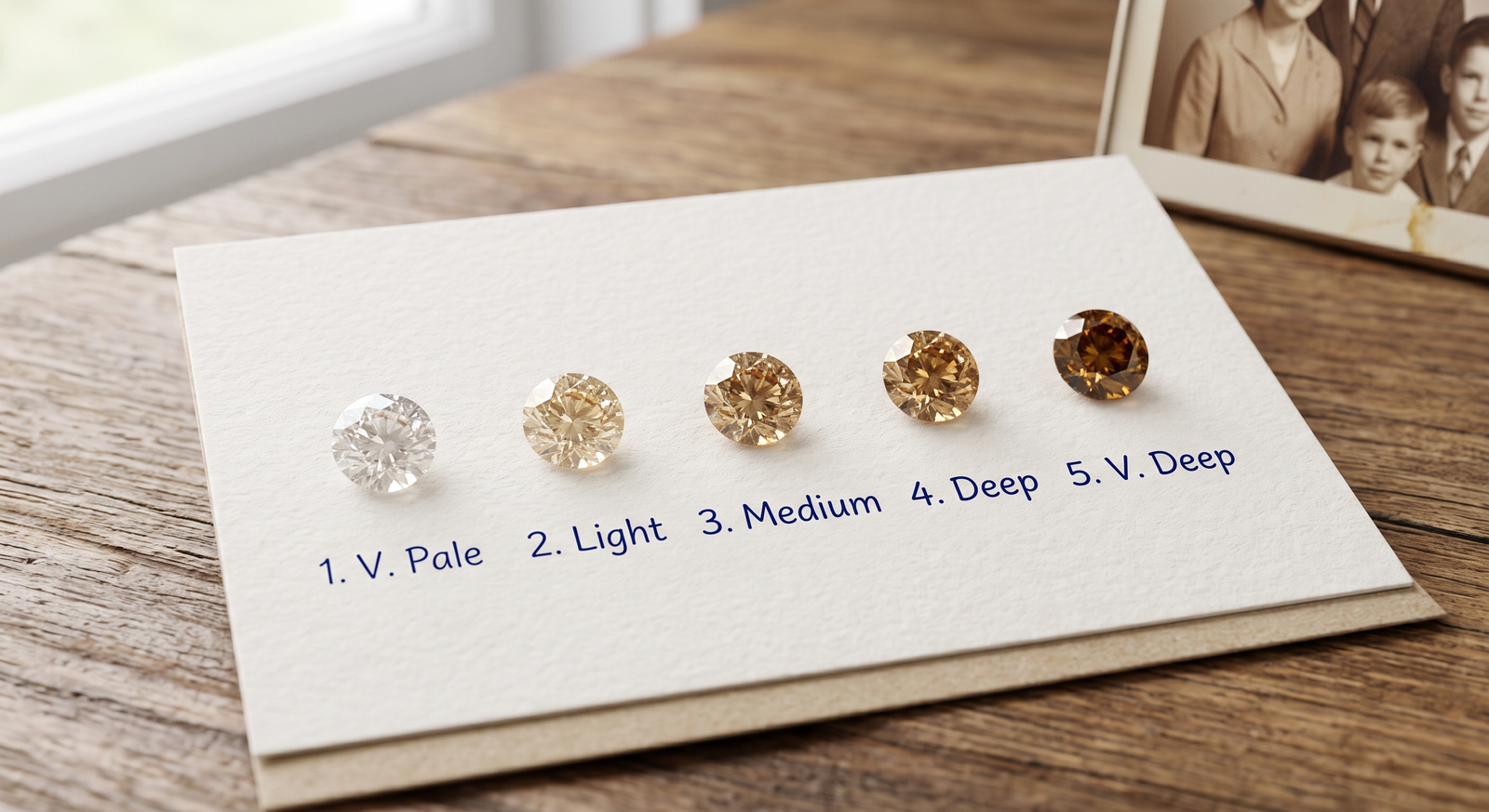 Five champagne-toned diamonds arranged from palest to deepest to show one color family's range