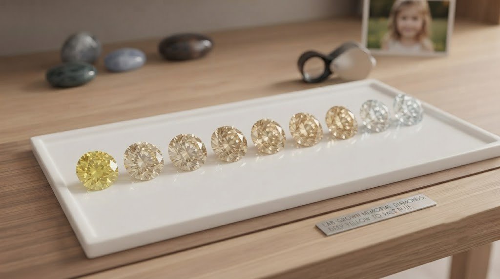 A row of lab-grown memorial diamonds graded from deep yellow through champagne to pale blue on a white tray 