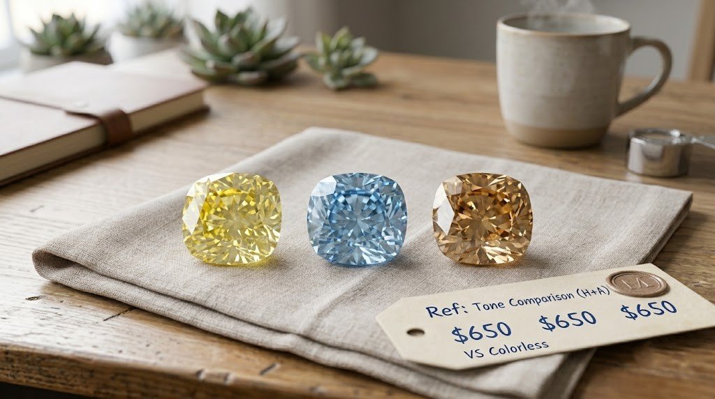 Three lab-grown memorial diamonds in yellow, blue and champagne tones arranged on neutral cloth