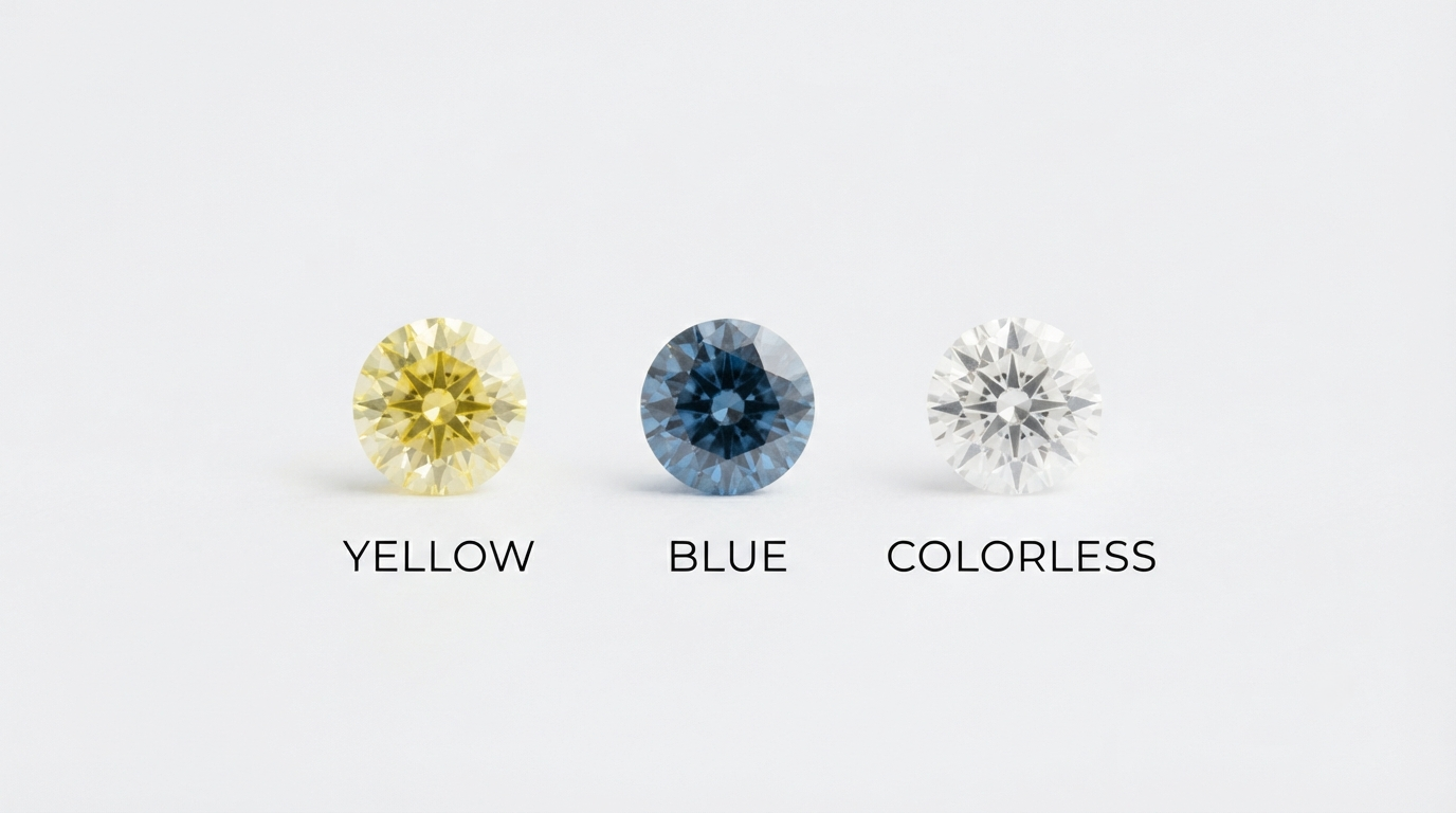 Three small lab-grown diamonds in yellow, blue, and colorless on white, none matching any hair color