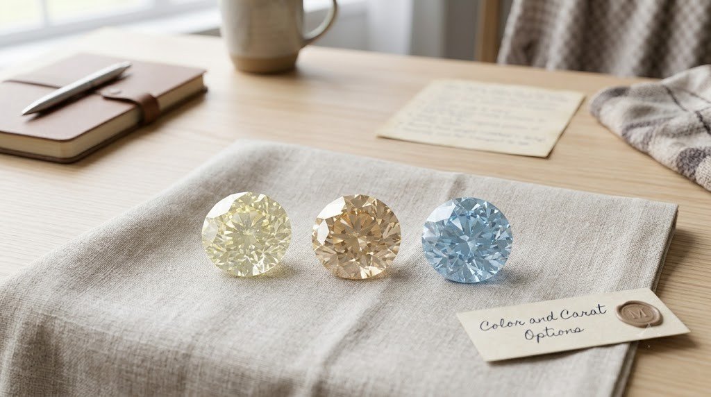 `memorial-diamond-color-range-yellow-champagne-blue.jpg` | Three loose lab-grown memorial diamonds in yellow, champagne, and blue tones arranged on a neutral surface