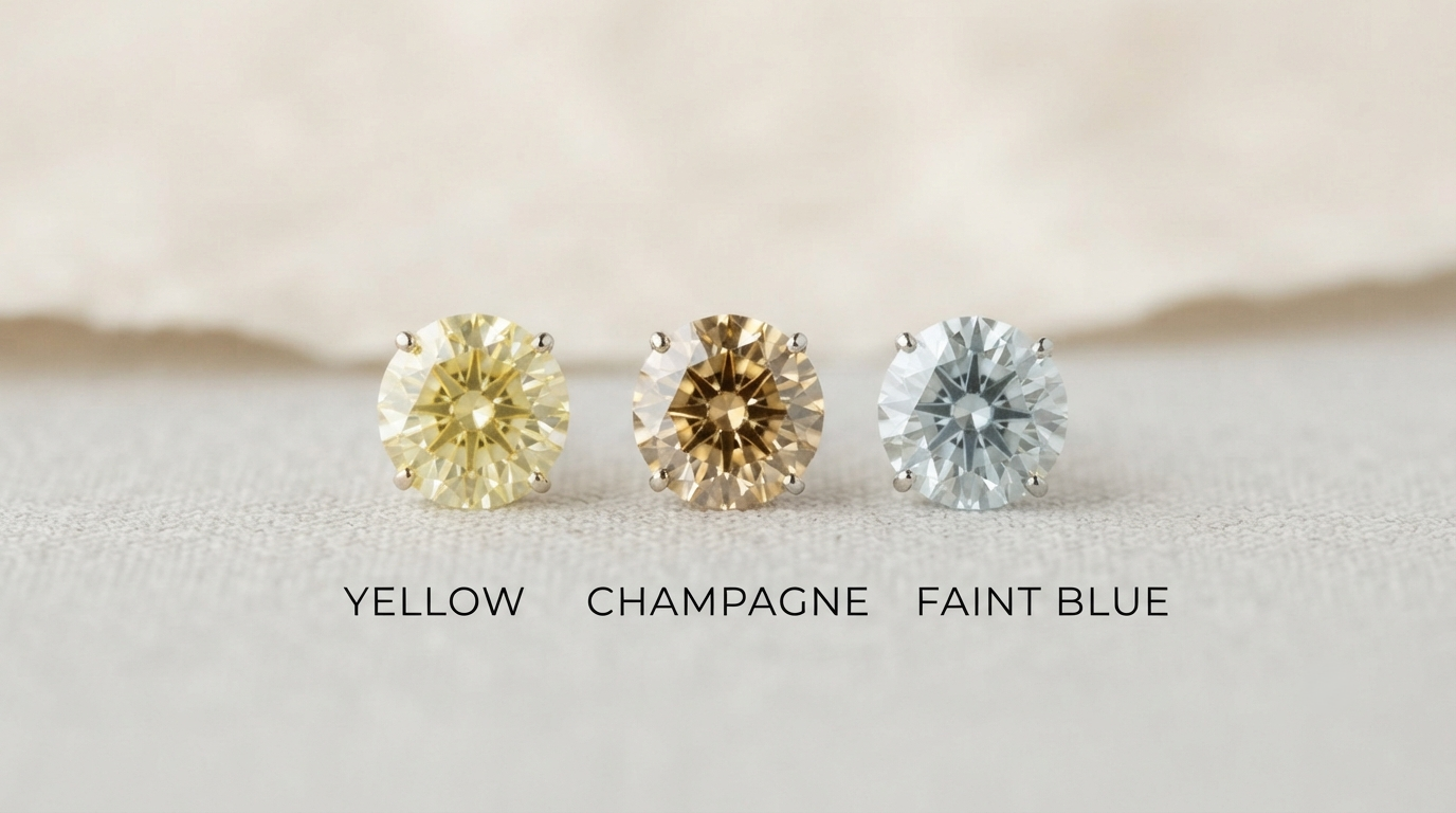 Three memorial diamonds in yellow, champagne and faint blue arranged to show the tones this process naturally produces