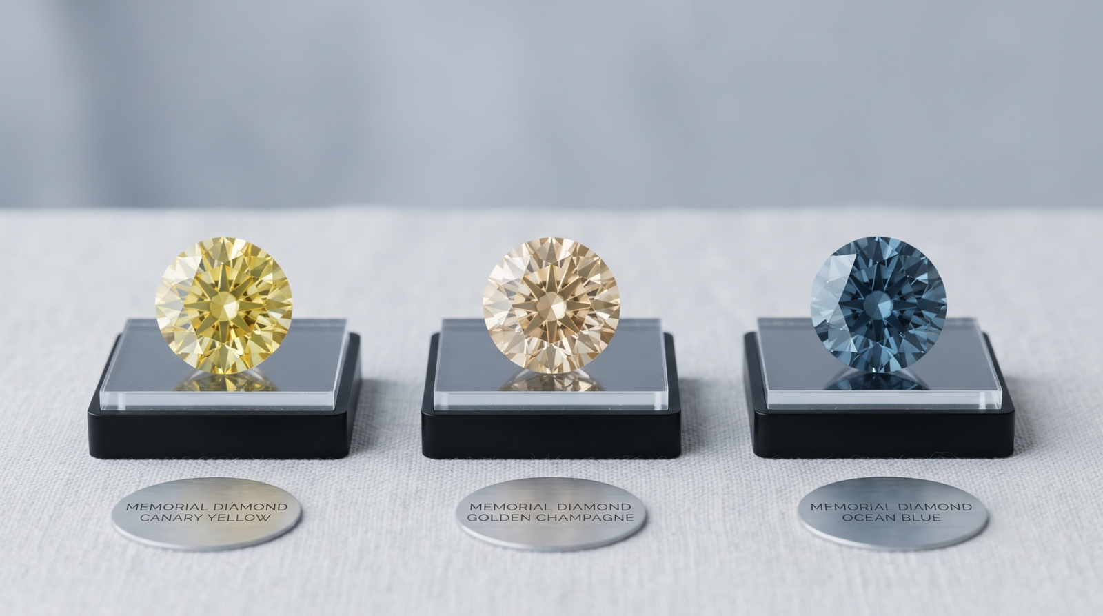 Three lab-grown memorial diamonds side by side in yellow, champagne, and blue tones