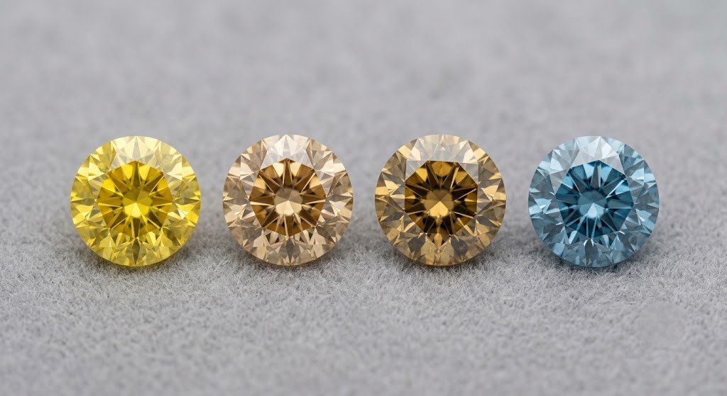 Memorial diamonds in yellow, champagne, brown and blue tones side by side under one light source