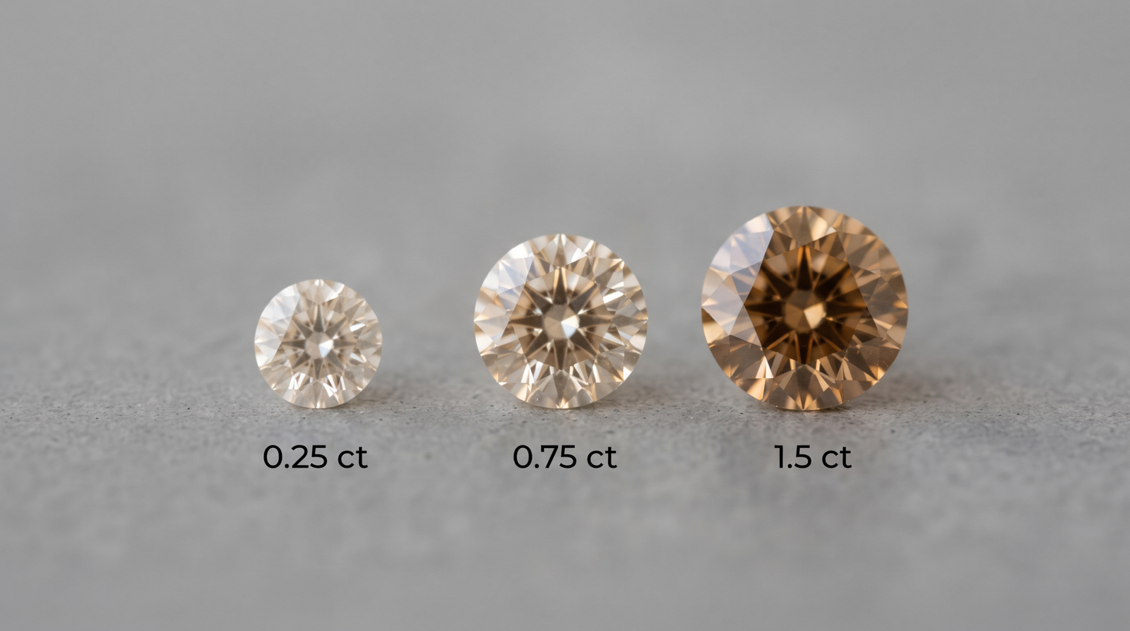 Three champagne memorial diamonds of increasing carat size photographed together, showing the tint reading more strongly as the stone grows