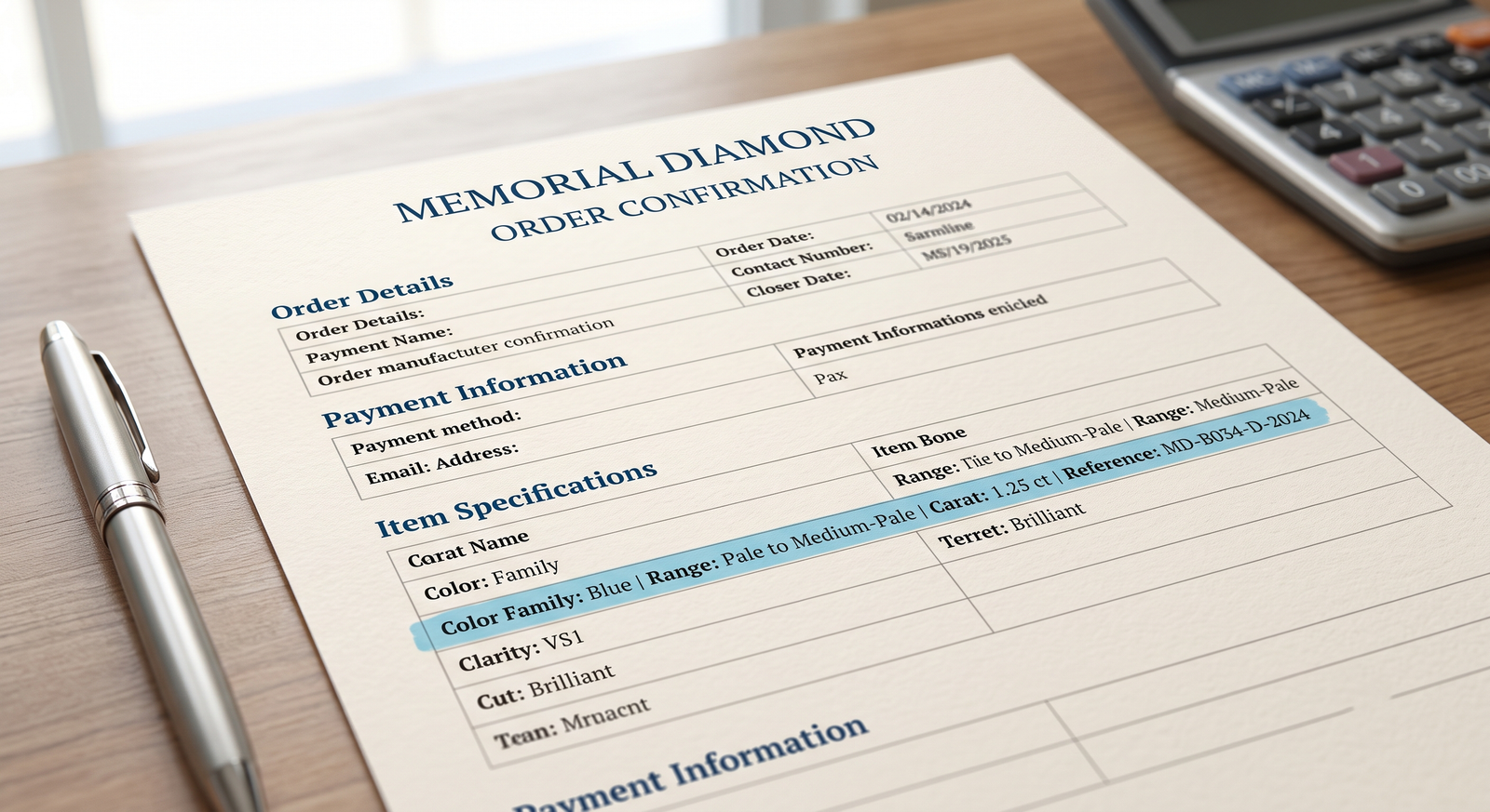  An order confirmation with a single highlighted line naming color family, range, carat and reference