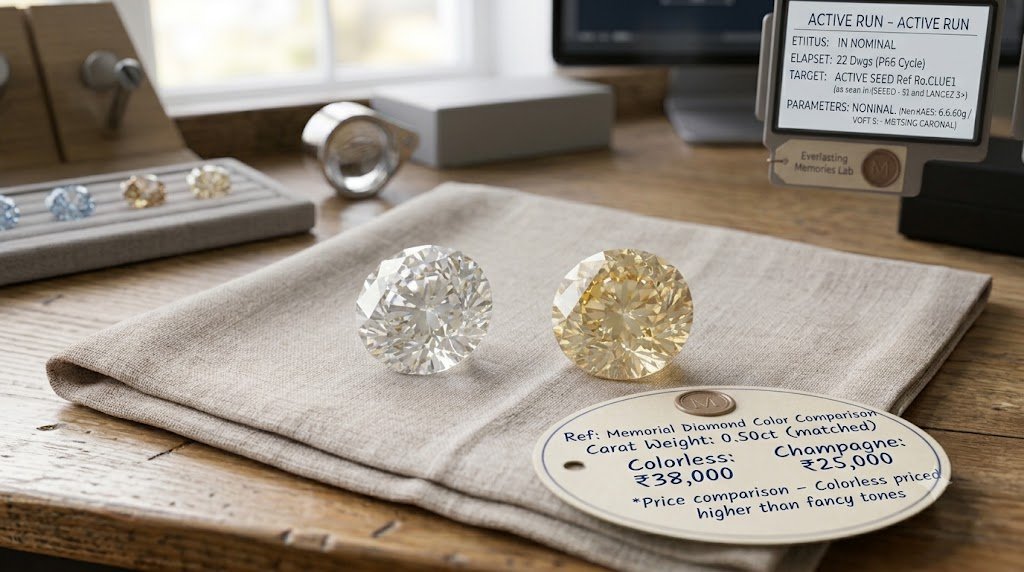 colorless memorial diamond beside a champagne-toned one of the same carat weight for price comparison