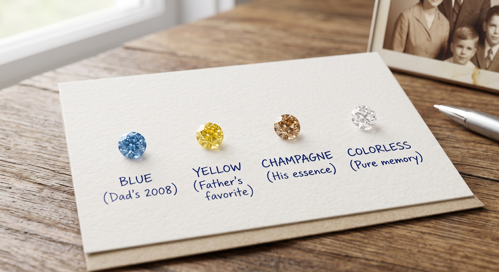 Memorial diamond colors: four small lab-grown stones in blue, yellow, champagne and colorless laid in a row on white card, each above a handwritten label 