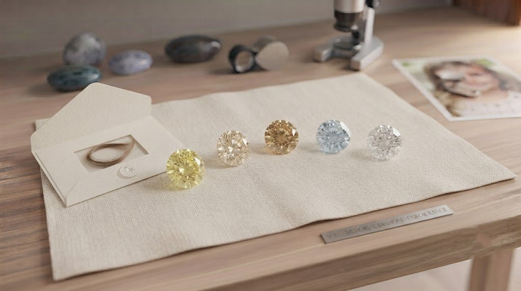  Memorial diamond colors for a son shown as loose yellow, champagne, blue and colorless stones on a neutral card 