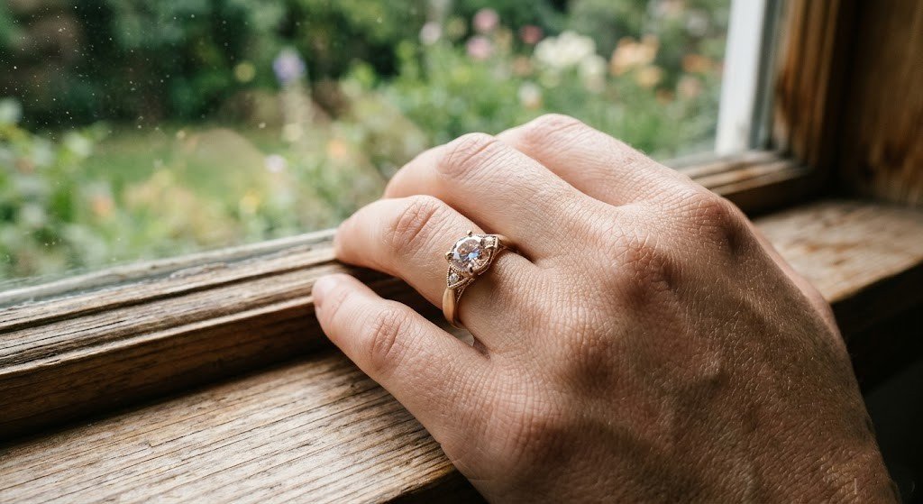 Memorial diamond colors for a wife shown on a champagne-toned ring worn on a hand in ordinary window daylight