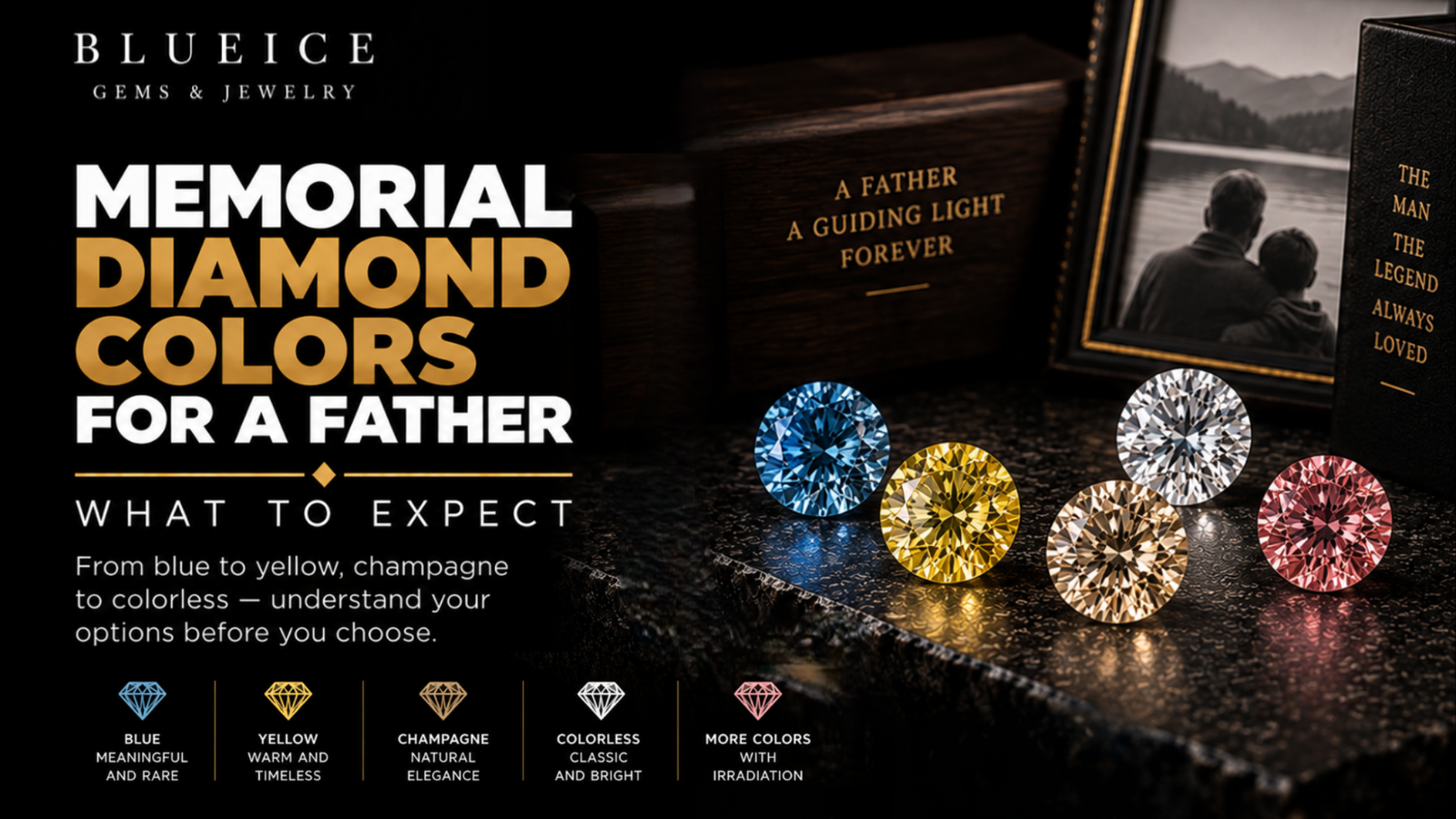 Memorial diamond colors for a father featuring blue, yellow, champagne, colorless, and pink diamonds with a father's keepsake box