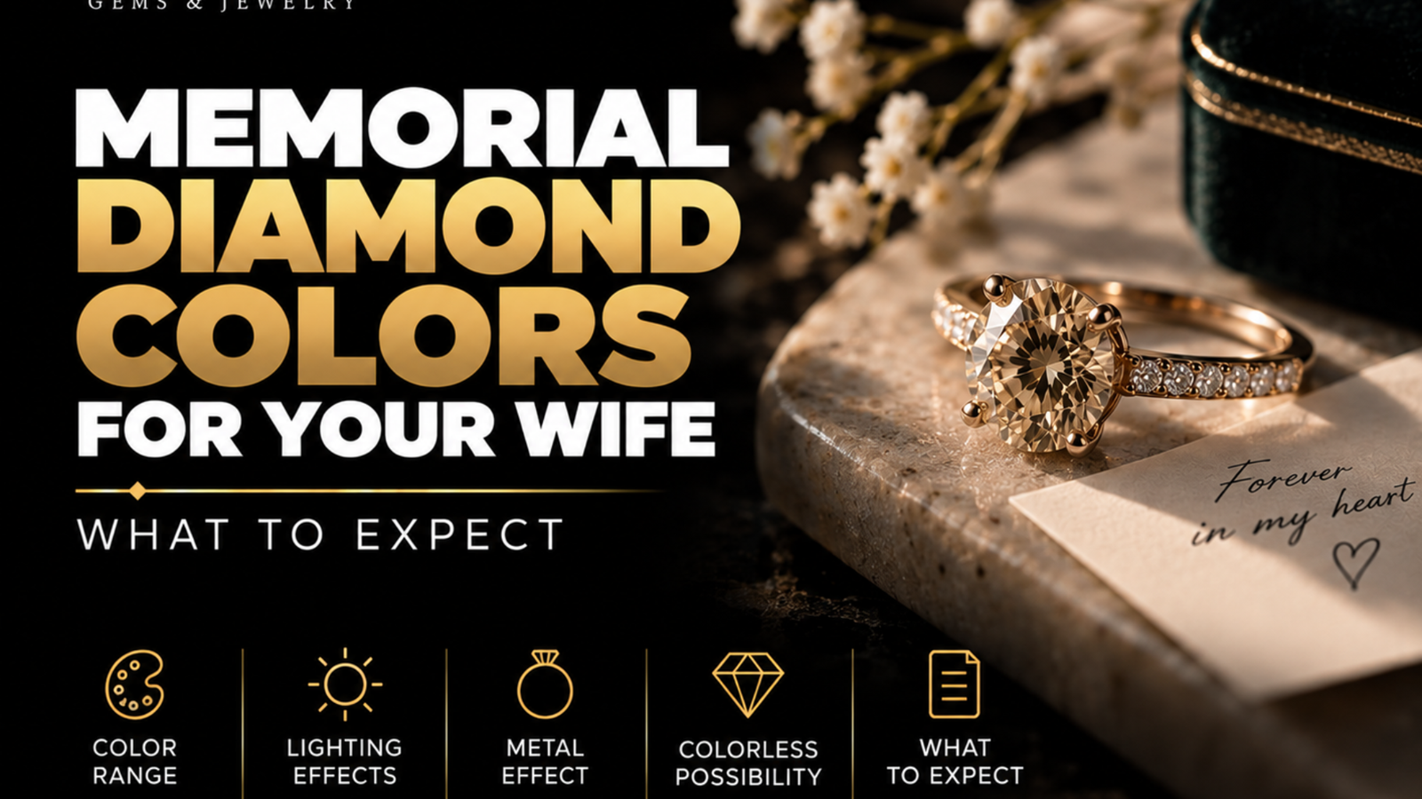 Memorial diamond colors for a wife, showing a champagne-toned memorial diamond ring with yellow, champagne, blue, and colorless diamond color options.