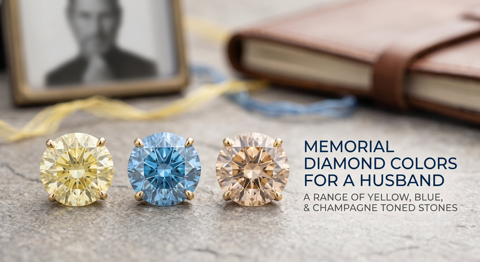 diamond colors for a husband shown as a range of yellow, blue, and champagne toned stones 