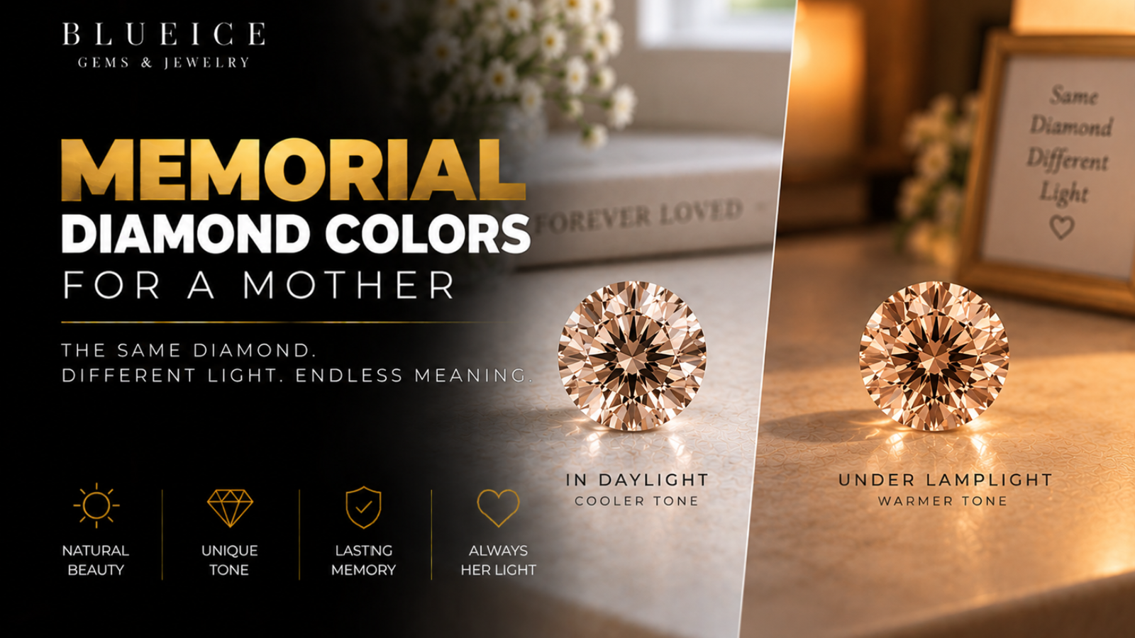 The same champagne-toned memorial diamond photographed twice side by side, once in cool daylight and once under warm lamplight