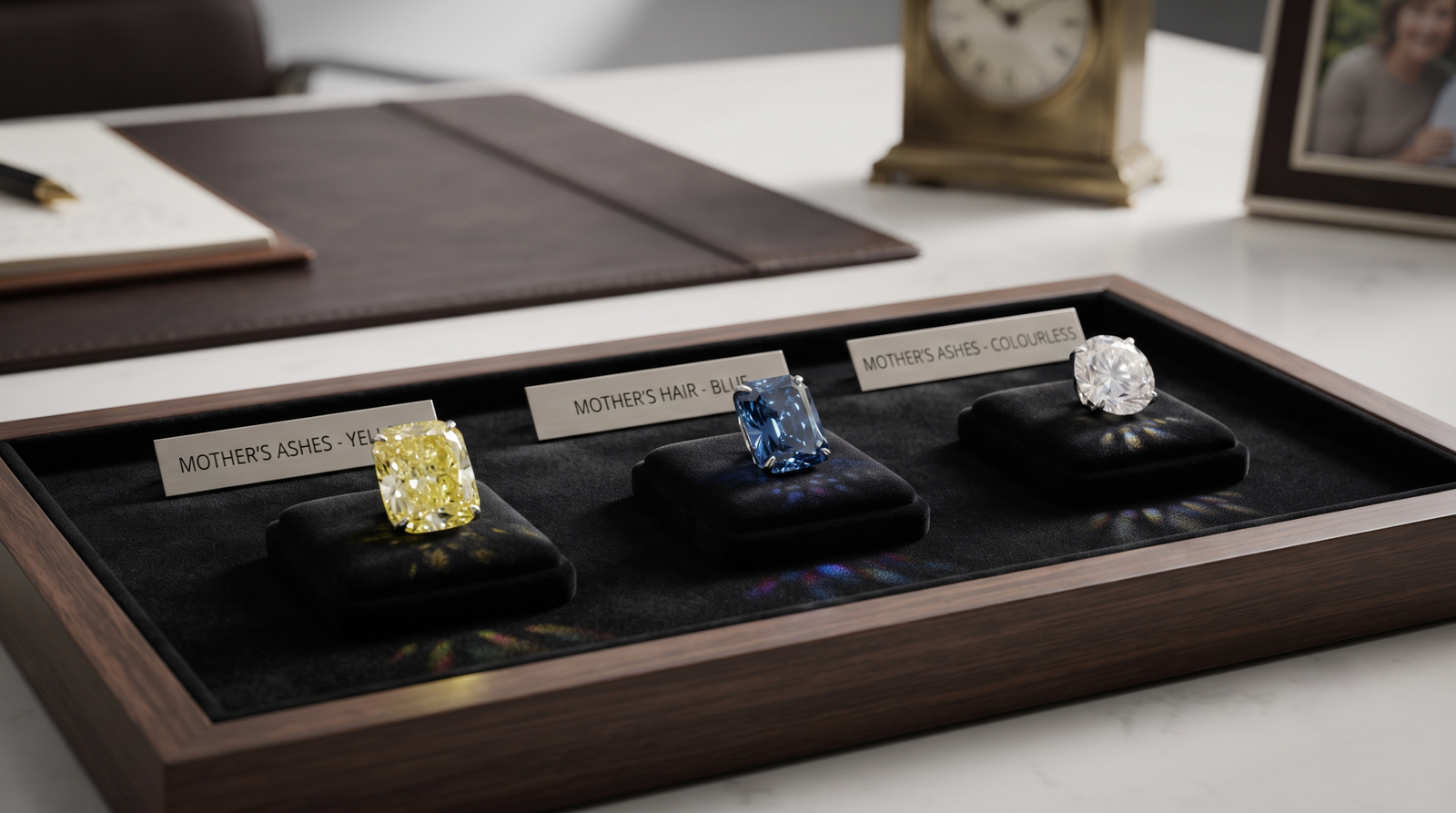 Yellow, blue and colourless memorial diamonds side by side