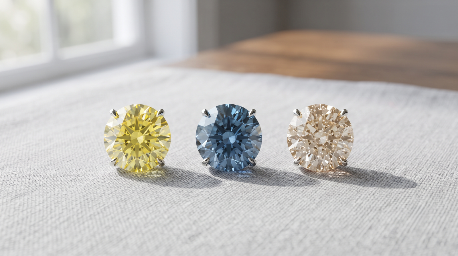 Three memorial diamonds in yellow, blue and champagne tones photographed side by side in daylight