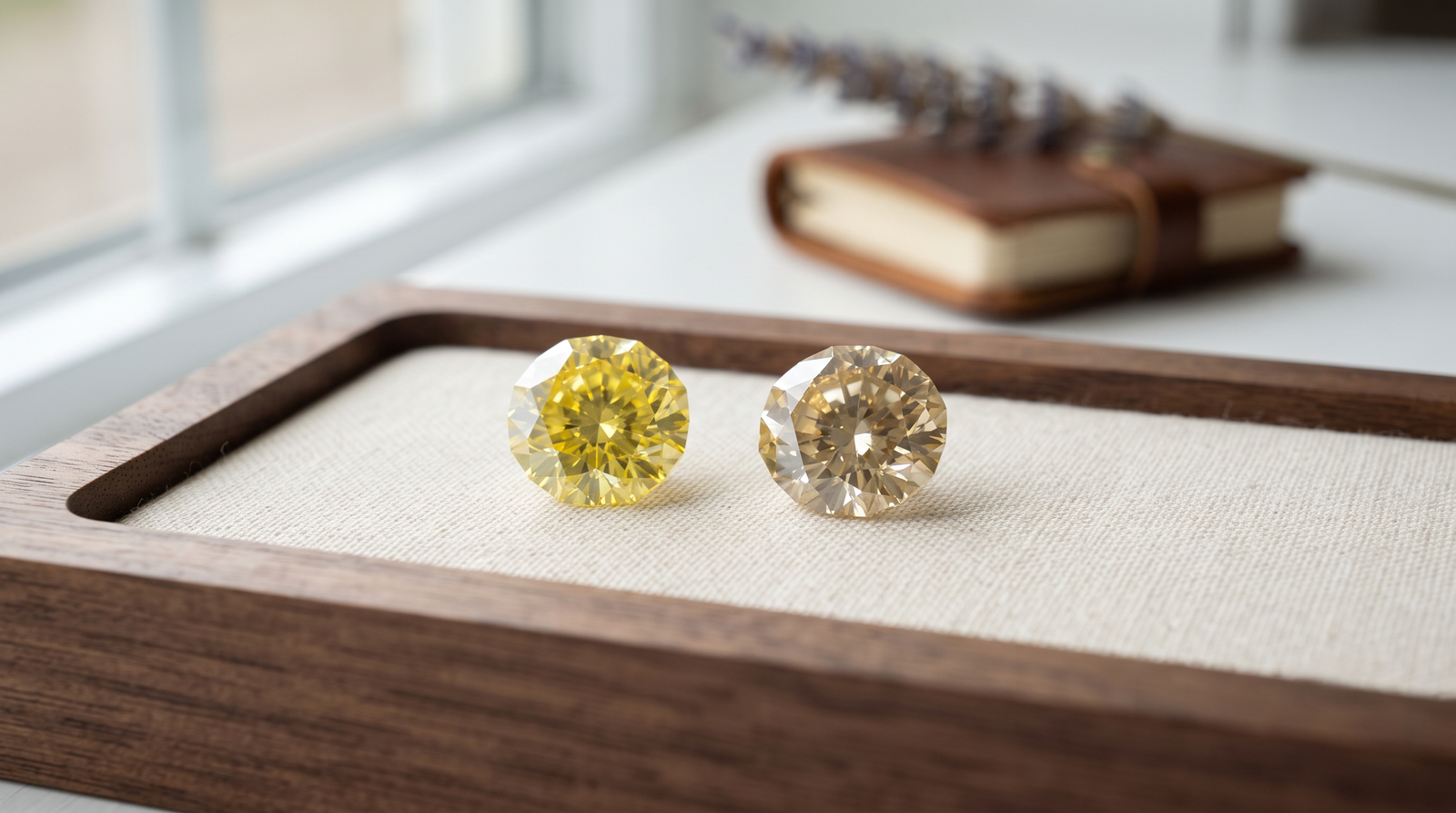 Two memorial diamonds from the same submission showing different yellow and champagne tones