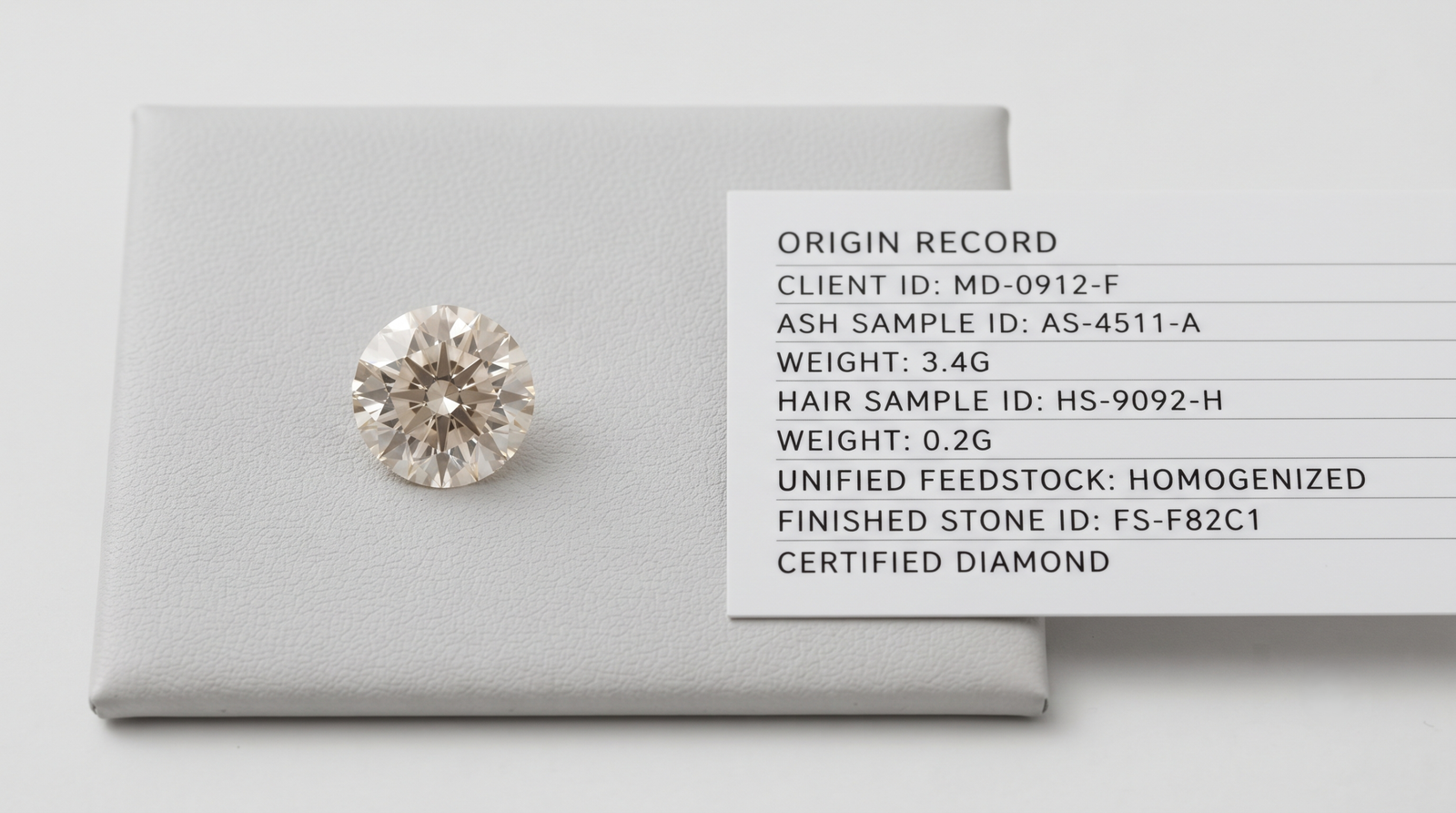 Printed origin record listing two sample IDs with weights, beside a finished stone