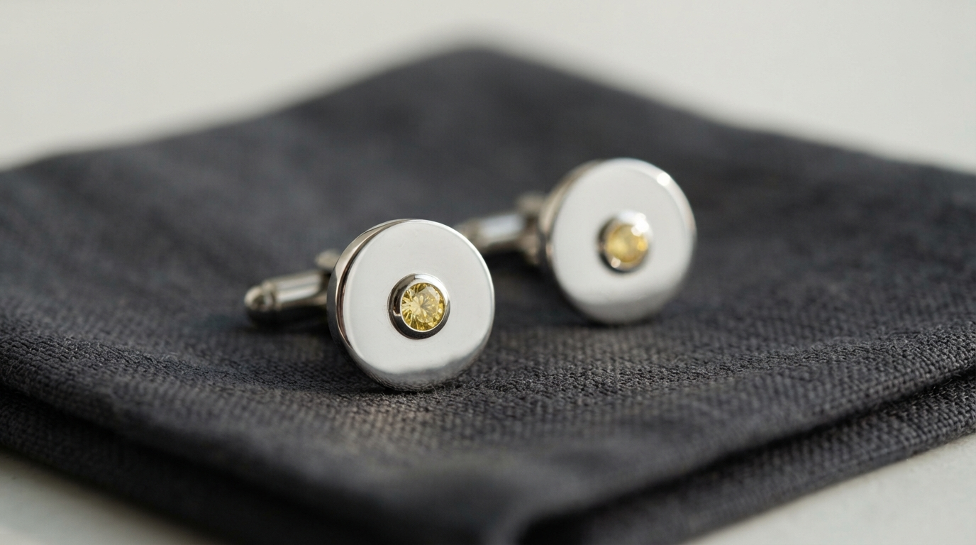 Pair of white-gold cufflinks each set with a small yellow lab-grown diamond on a dark cloth