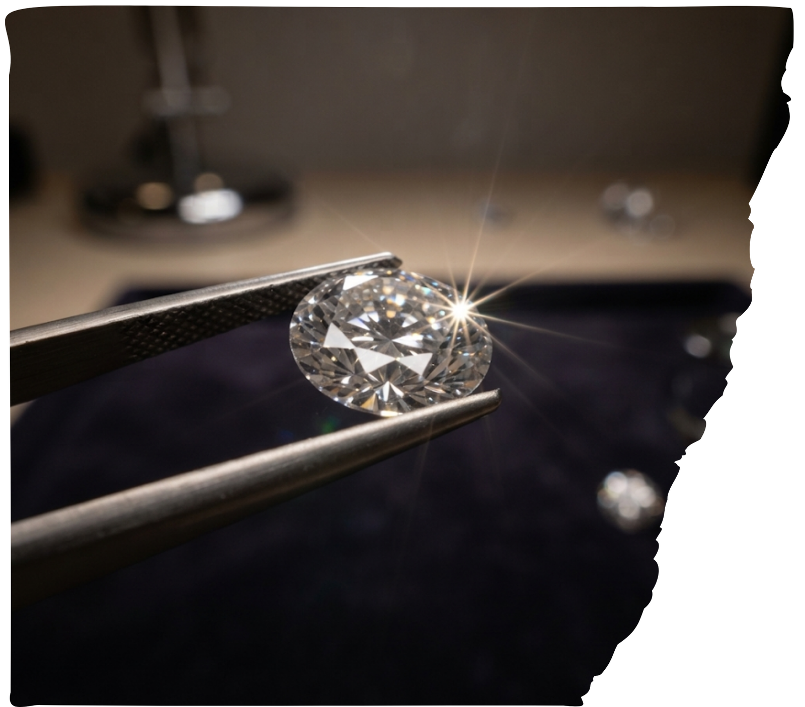 Stage 5 cut and polish process showing an expert hand-cut memorial diamond being examined with tweezers.