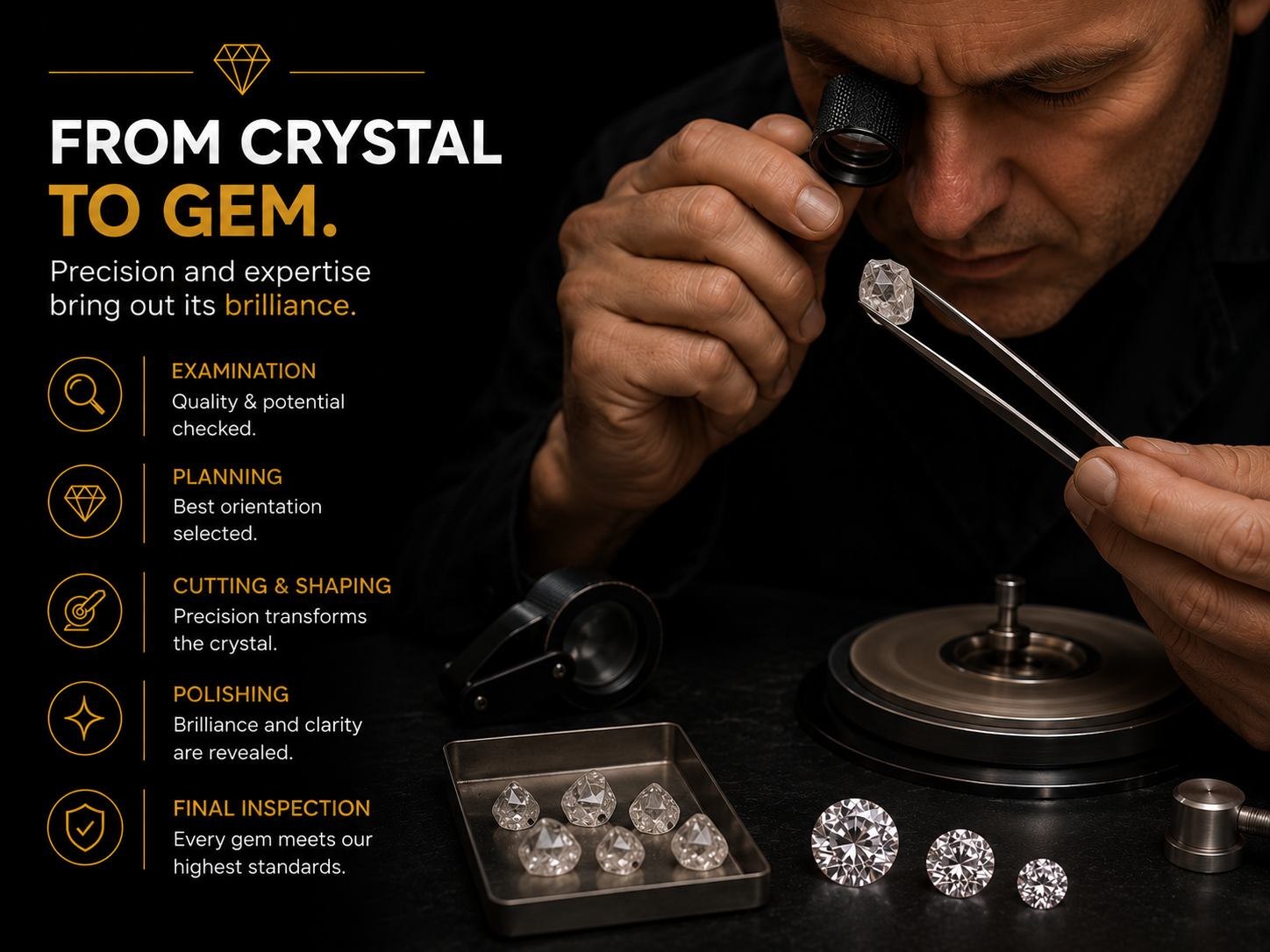 Gemologist examining a rough memorial diamond crystal under a loupe before cutting