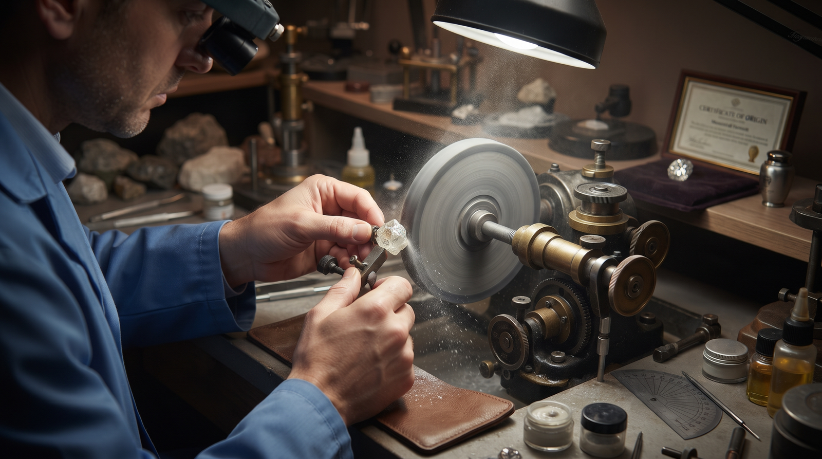 Gemologist cutting a rough memorial diamond at a polishing wheel