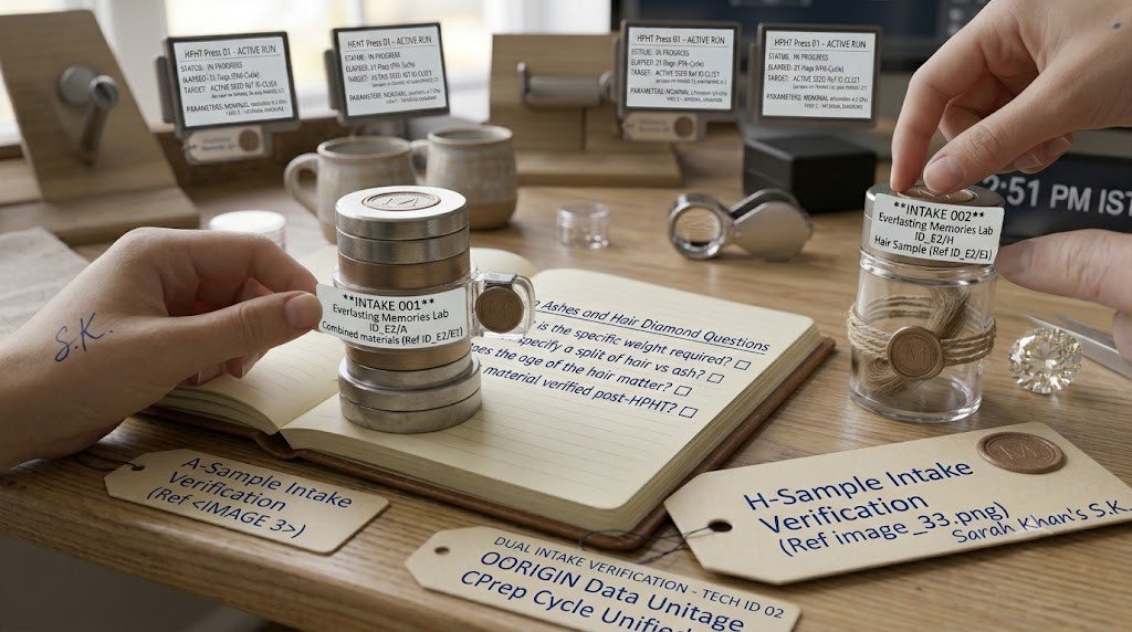 Two numbered intake labels being applied to separate sample containers on a laboratory benc