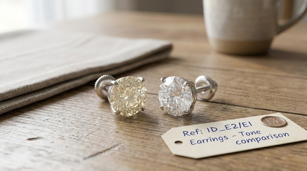 A pair of memorial diamond stud earrings of slightly different tone photographed side by side