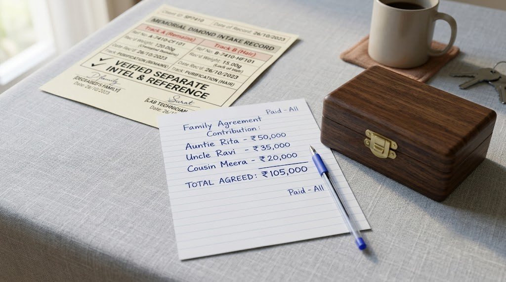 A short handwritten list of names and amounts on notepaper beside a closed jewelry box