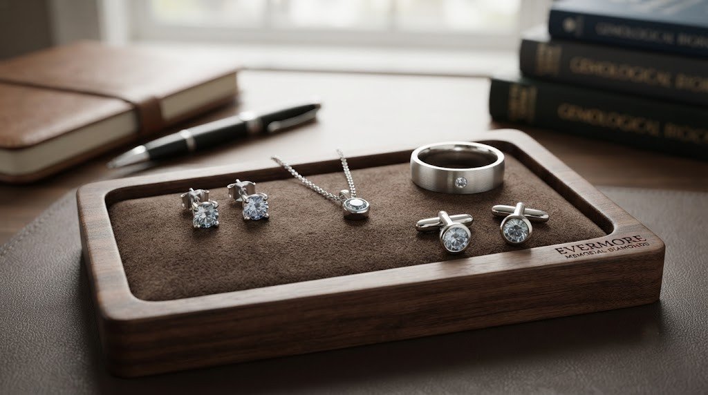 Several small memorial diamonds set differently for family members: stud earrings, a flush band, a pendant and cufflinks