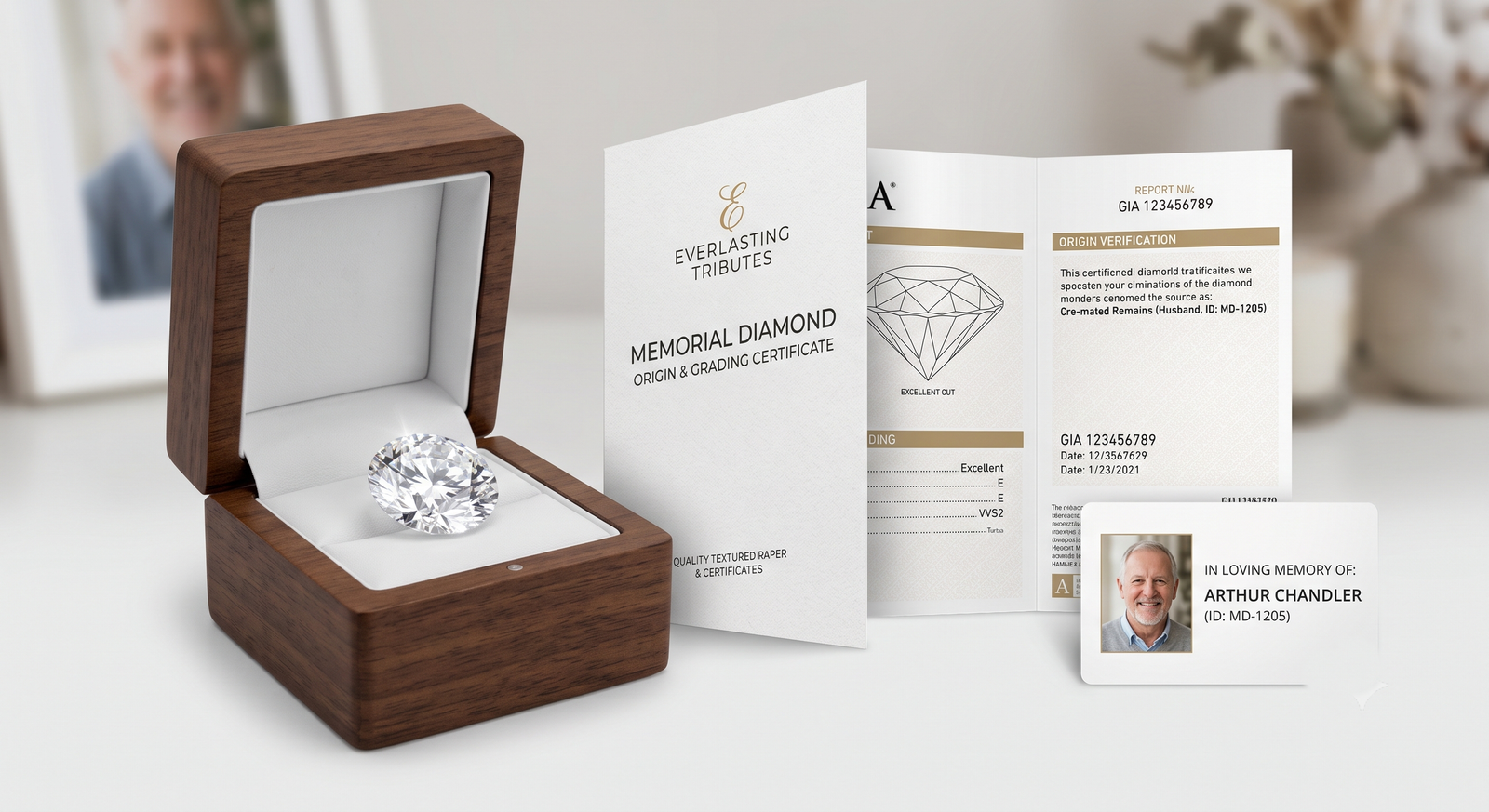  Finished memorial diamond shown alongside its origin and grading documentation 