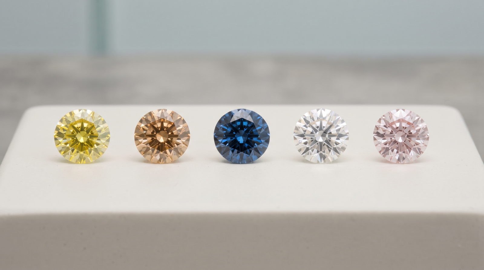 Five loose lab-grown diamonds in a row: yellow, champagne, blue, colorless, and pink