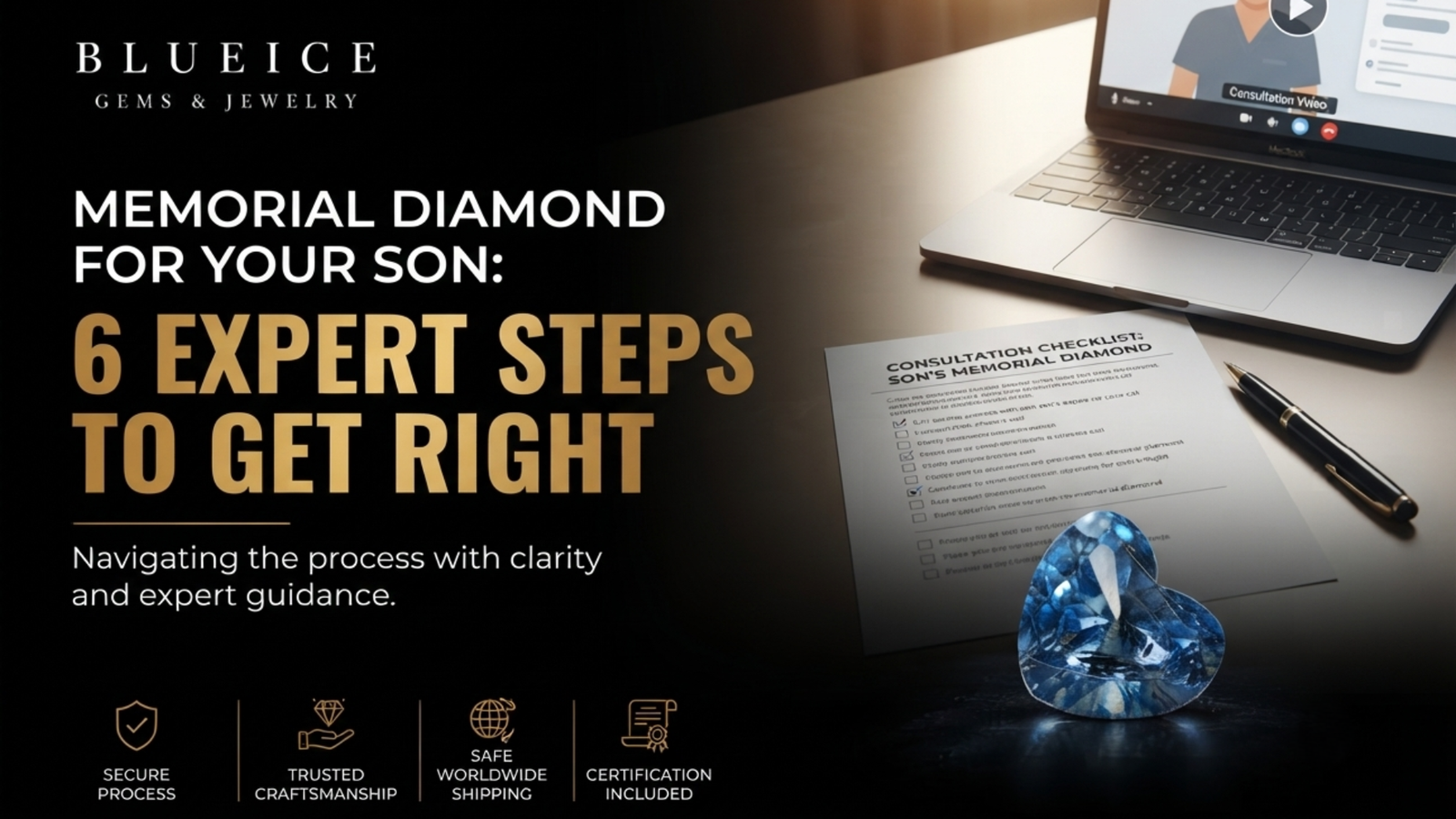 Choosing a memorial diamond for your son: a single unset champagne-toned stone resting beside a closed notebook on a plain table