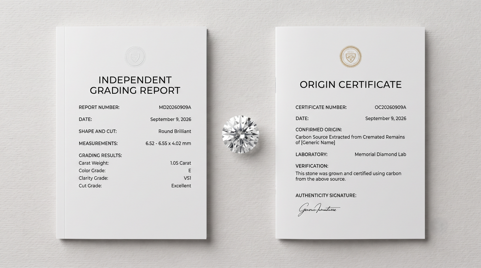 Two documents side by side, an independent grading report and an origin certificate, with a loose diamond between them